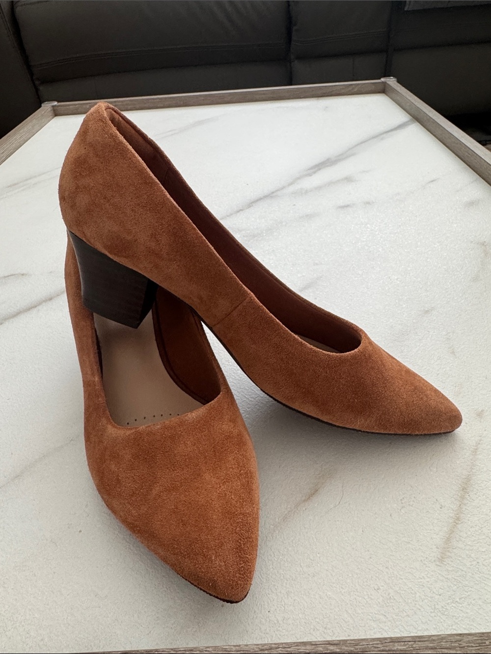 Clarks Women's Suede Pointed-Toe Block Heel Pumps in Rust Brown